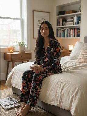 Johnny Was Black Floral Pajama Set